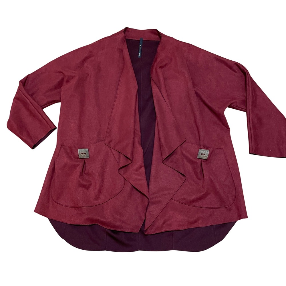 IC by Connie K Women's Large Open Front Faux Suede Burgundy Lagenlook‎ Cardigan
